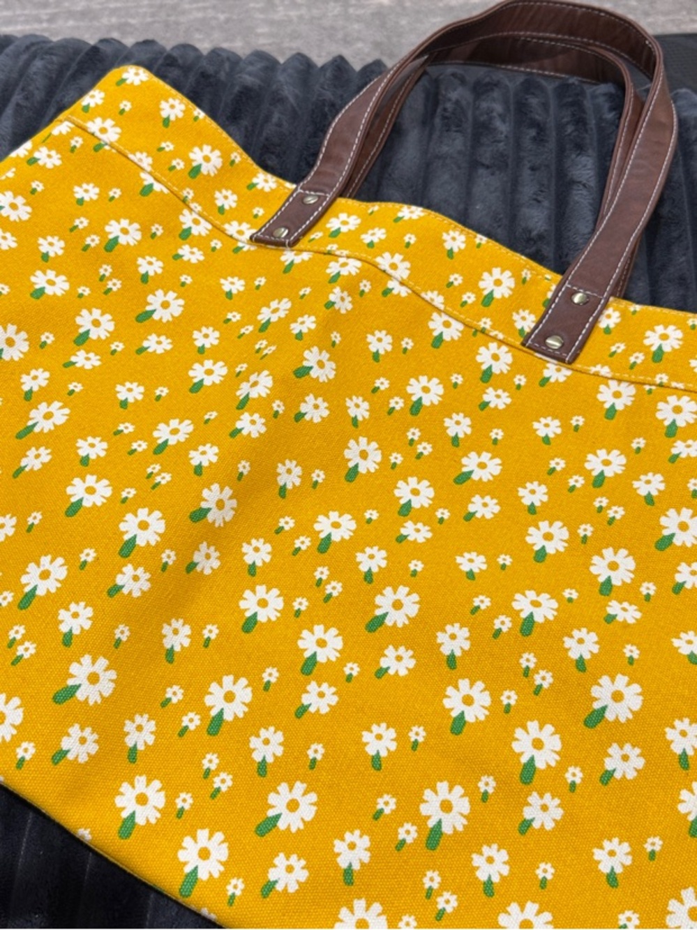 Maika Floral Yellow Canvas Tote Bag with Brown Handles